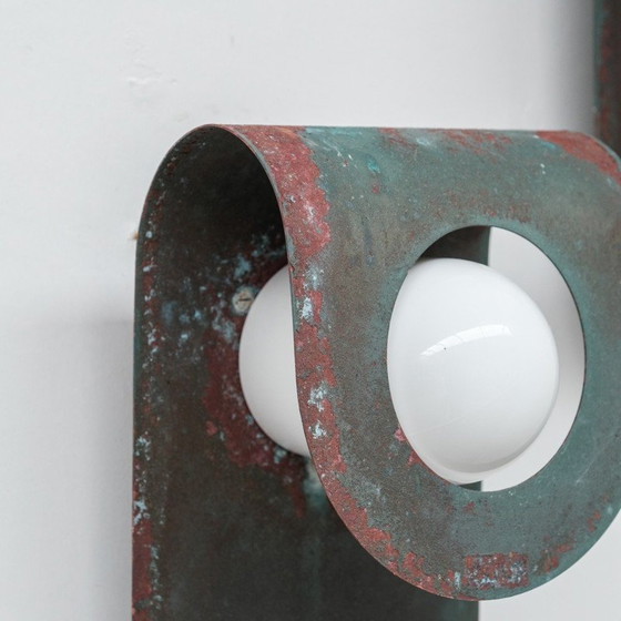 Image 1 of Paar vintage wandlampen in gepatineerd koper en opaline glas voor Horn, Denemarken 1980