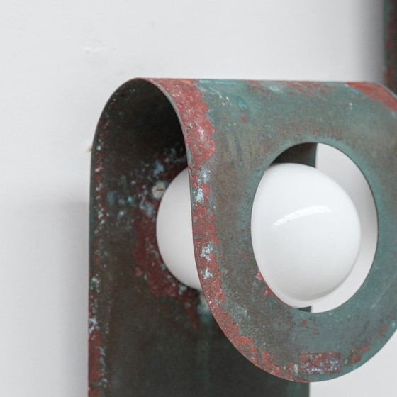 Image 1 of Paar vintage wandlampen in gepatineerd koper en opaline glas voor Horn, Denemarken 1980