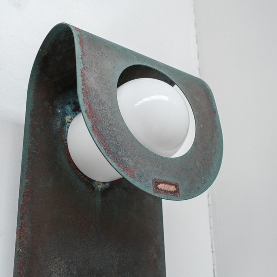 Image 1 of Paar vintage wandlampen in gepatineerd koper en opaline glas voor Horn, Denemarken 1980