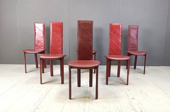 Image 1 of Vintage rood leren Italiaanse eetkamerstoelen met hoge rug, set van 6, jaren 1980
