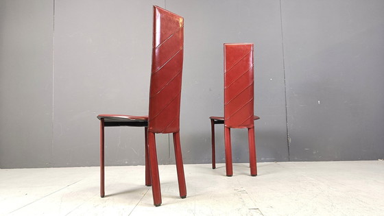 Image 1 of Vintage rood leren Italiaanse eetkamerstoelen met hoge rug, set van 6, jaren 1980