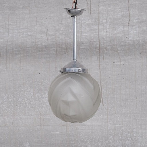 Vintage geometrische glazen en metalen Art Deco hanglamp, Frankrijk 1930