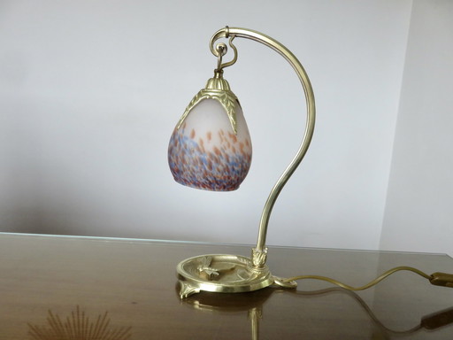 Art Nouveau Lamp met Libelle, Brons en Marmorietglas