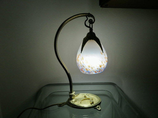 Art Nouveau Lamp met Libelle, Brons en Marmorietglas