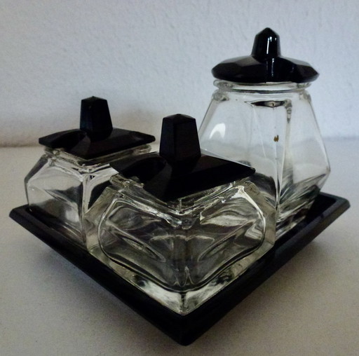 Art Deco Glazen Menage Set, Peper - Zout - Mosterd.