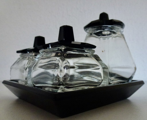 Art Deco Glazen Menage Set, Peper - Zout - Mosterd.