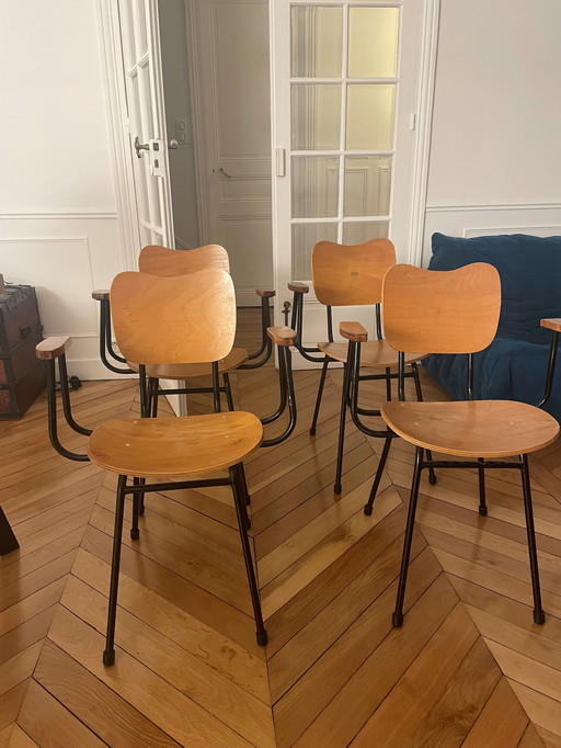 4 stoelen met armleuningen, hout en zwart metaal, Hitier-stijl