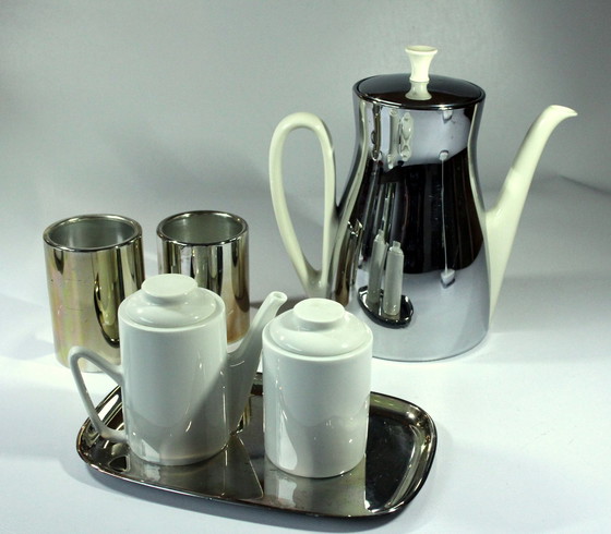 Image 1 of Sus Koffiepot Keramisch Met Metalen Verwarmingskap Als Set Met Melkkan En Suikerpotje