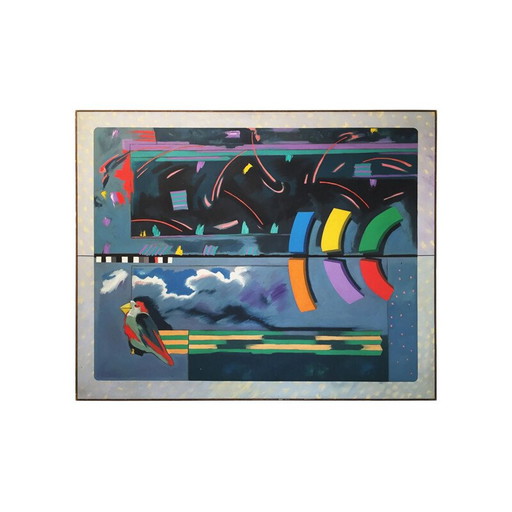 Vintage schilderij "wijze vogel strategie" door Richard Frank, 1980