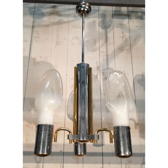 Image 1 of Vintage hanglamp in chroom, messing en opaline glas - jaren 1970