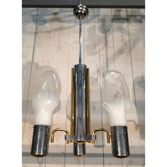 Image 1 of Vintage hanglamp in chroom, messing en opaline glas - jaren 1970