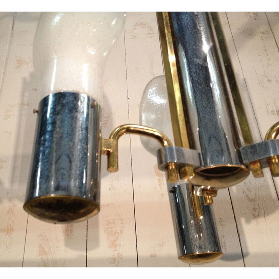 Image 1 of Vintage hanglamp in chroom, messing en opaline glas - jaren 1970