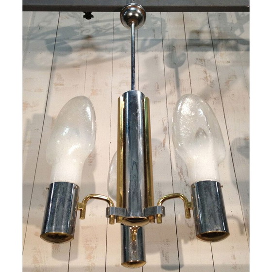 Image 1 of Vintage hanglamp in chroom, messing en opaline glas - jaren 1970