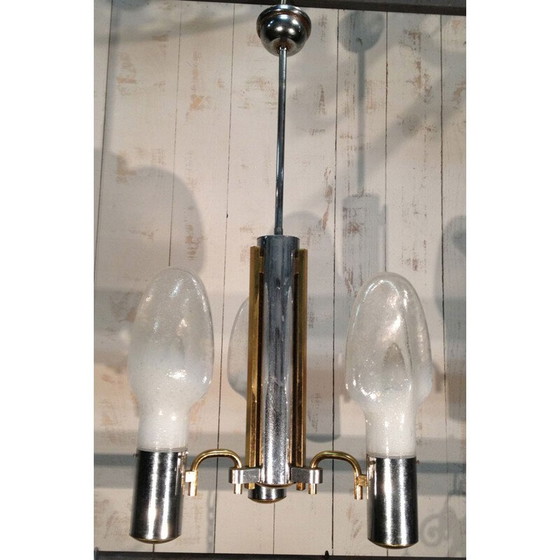 Image 1 of Vintage hanglamp in chroom, messing en opaline glas - jaren 1970