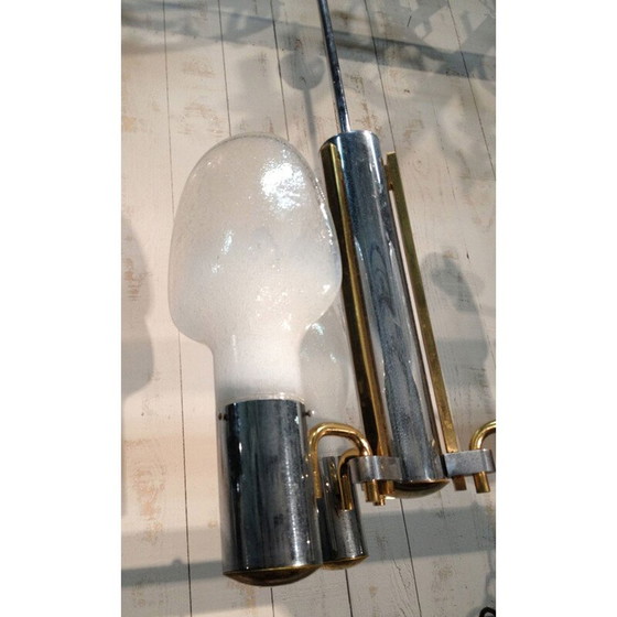 Image 1 of Vintage hanglamp in chroom, messing en opaline glas - jaren 1970