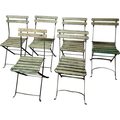 Set van 6 vintage houten en metalen tuinstoelen
