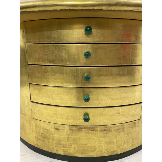 Image 1 of Vintage halve maan console met bladgouden laden en malachiet handgrepen, 1980