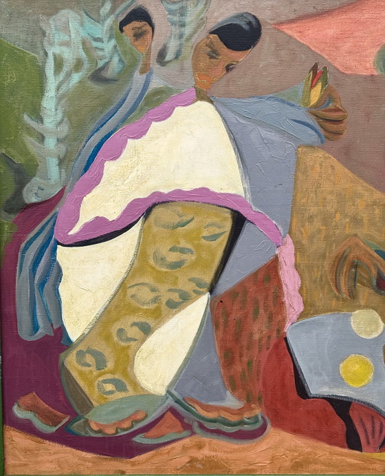 Image 1 of Jacqueline Hans Subliem en groot expressionistisch schilderij "Marchande De Tortilla" Gedateerd 1963