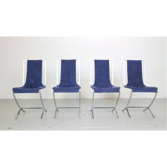 Image 1 of Set van 4 vintage eetkamerstoelen in fluweel en staal van Pierre Cardin voor Maison Jansen, Frankrijk 1970
