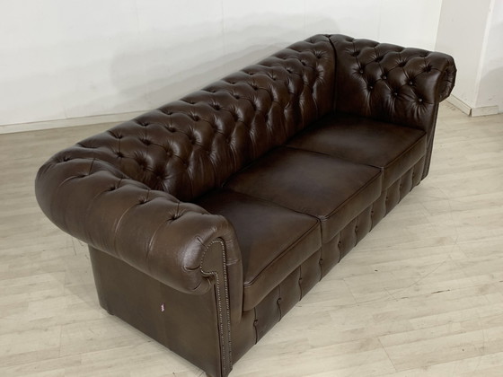 Image 1 of Engelse chesterfield bank leren bank 3-zits vintage stijl