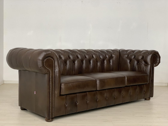 Image 1 of Engelse chesterfield bank leren bank 3-zits vintage stijl