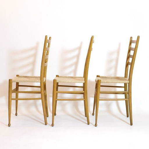 Set van 3 vintage stoelen van hout en touw, Italië 1950