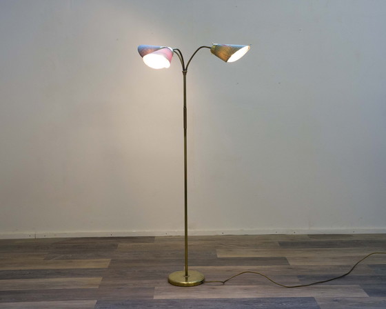 Image 1 of 50er jaren vloerlamp/lamp. Messing zaklamp, voet. 3 vlammen