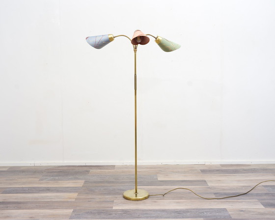 Image 1 of 50er jaren vloerlamp/lamp. Messing zaklamp, voet. 3 vlammen