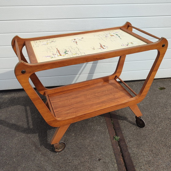 Image 1 of Vintage serveerwagen met keramiek bovenblad -  trolley - jaren 50