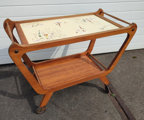 Image 1 of Vintage serveerwagen met keramiek bovenblad -  trolley - jaren 50