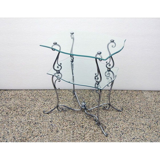 Image 1 of Vintage verchroomd messing en kristallen salontafel met twee etages, Italië 1950