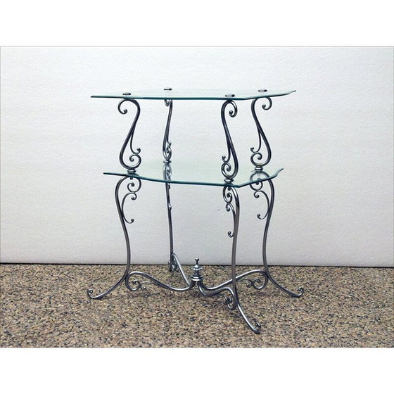 Image 1 of Vintage verchroomd messing en kristallen salontafel met twee etages, Italië 1950