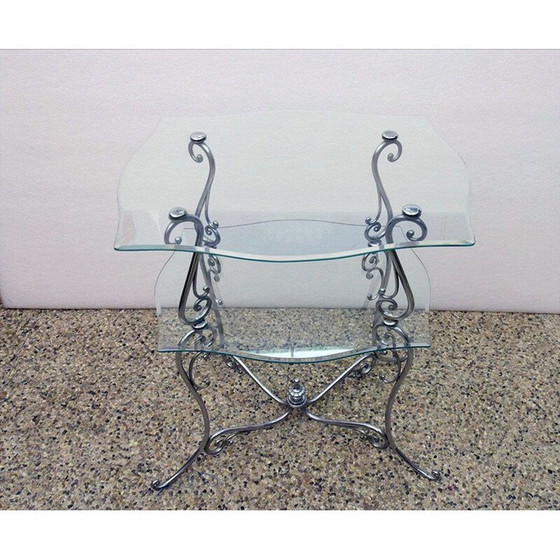 Image 1 of Vintage verchroomd messing en kristallen salontafel met twee etages, Italië 1950