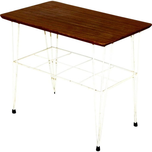 Salontafel van wit metaal en teakhout