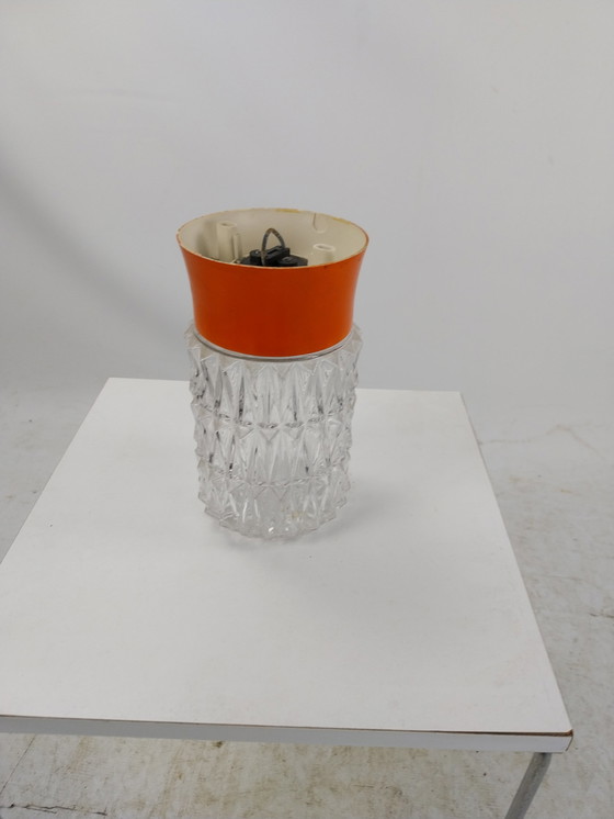 Image 1 of 1 X 1970'S Glas En Oranje Metalen Hallamp Plafondlamp 