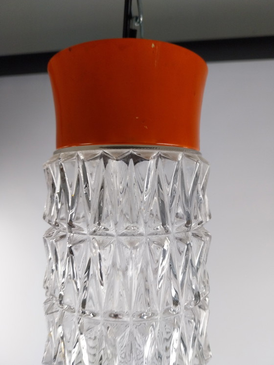 Image 1 of 1 X 1970'S Glas En Oranje Metalen Hallamp Plafondlamp 