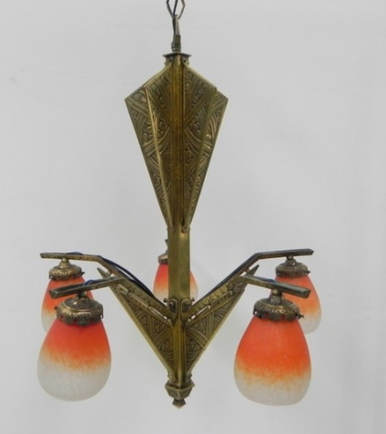 Image 1 of Messing art deco hanglamp met 5 "pates de verre" kappen