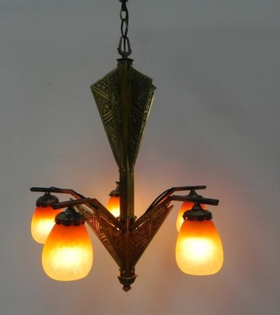 Image 1 of Messing art deco hanglamp met 5 "pates de verre" kappen