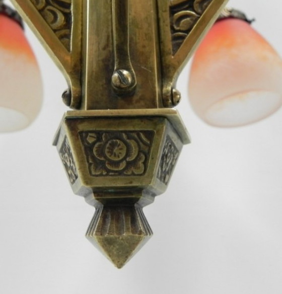 Image 1 of Messing art deco hanglamp met 5 "pates de verre" kappen