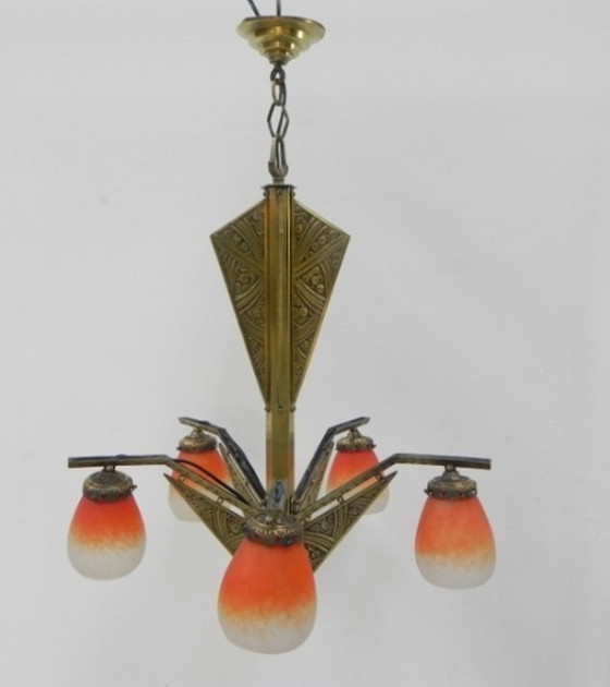 Image 1 of Messing art deco hanglamp met 5 "pates de verre" kappen