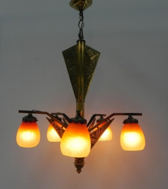 Image 1 of Messing art deco hanglamp met 5 "pates de verre" kappen