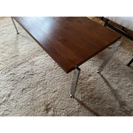 Image 1 of Vintage salontafel van verchroomd metaal en teakhout in de stijl van Knoll, 1970