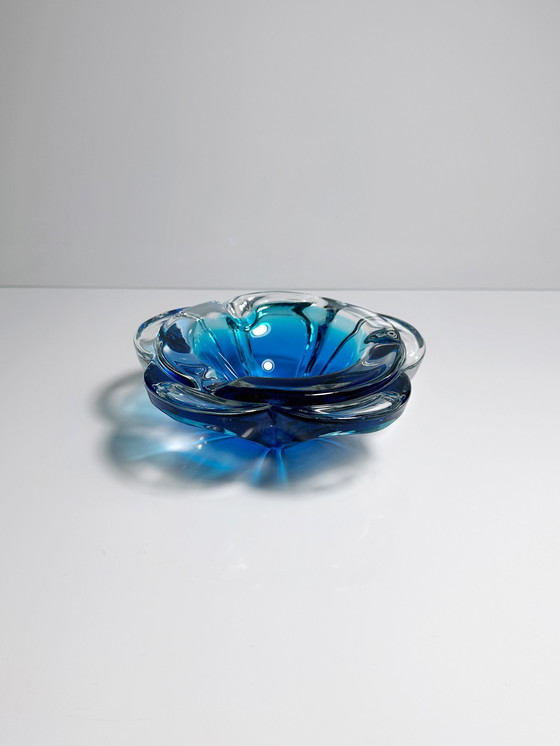 Image 1 of Vintage Boheemse Asbak Schaal Cz Glas Blauw Bloem 60s 70s Seguso Kobalt