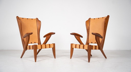 Mid Century Paar fauteuils met hoge rugleuning van Guglielmo Pecorini, Italië, 1930S - Nieuw Leer