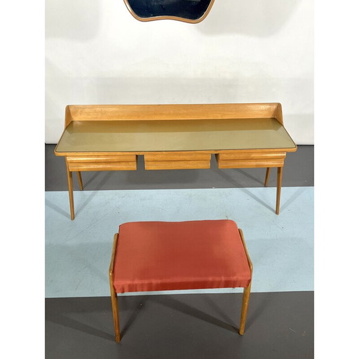 Houten kaptafel met krukje, Italië 1950