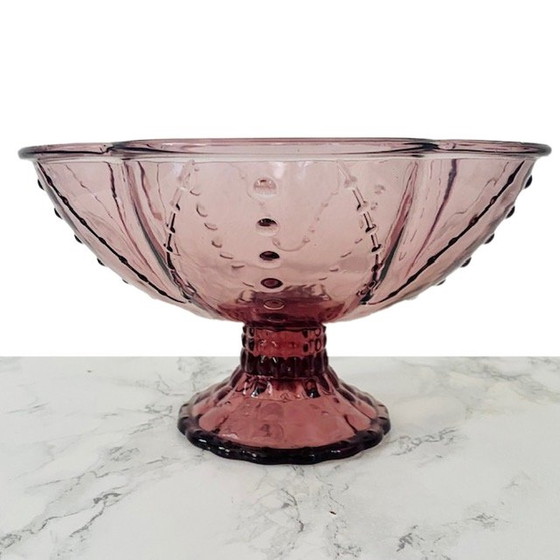 Image 1 of Vintage Boheems persglas schaal op voet paars roze