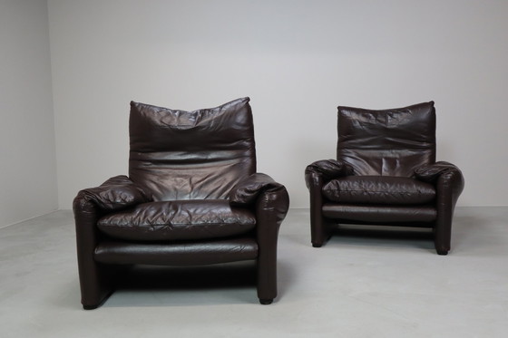 Image 1 of Pair Of Maralunga Leather Armchairs By Vico Magistretti For Cassina, 1974.