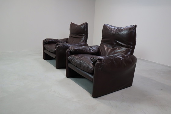 Image 1 of Pair Of Maralunga Leather Armchairs By Vico Magistretti For Cassina, 1974.