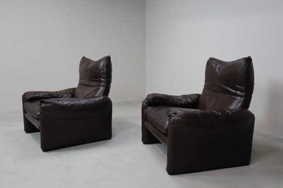 Image 1 of Pair Of Maralunga Leather Armchairs By Vico Magistretti For Cassina, 1974.