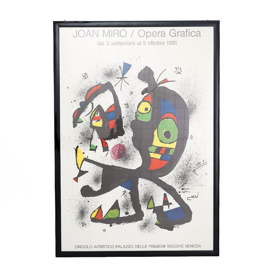 Image 1 of Vintage schilderij in zwart gelakt hout en glas van Joan Miro, 1981